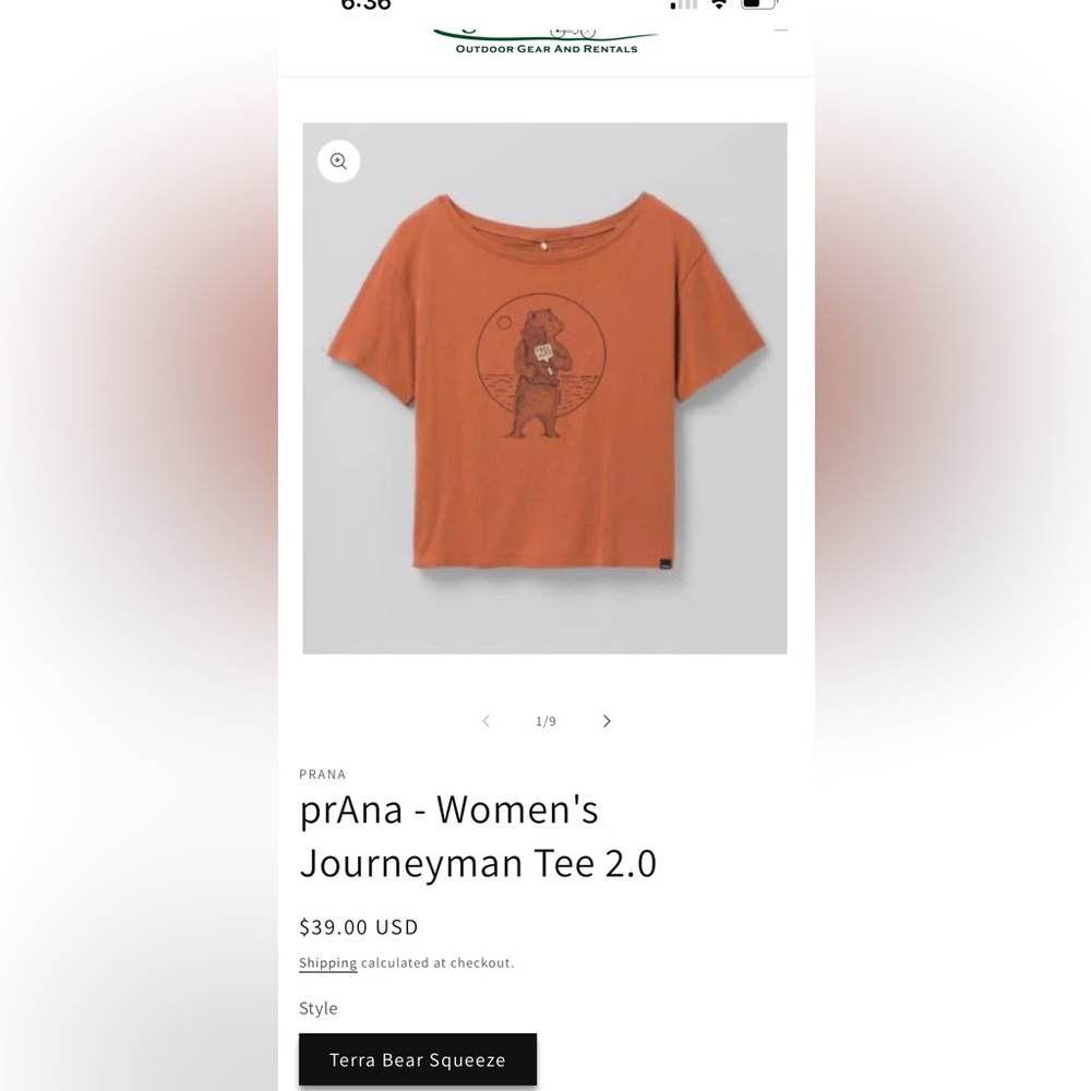 Prana Cropped Terra Bear Squeeze Tee, like new, size Large